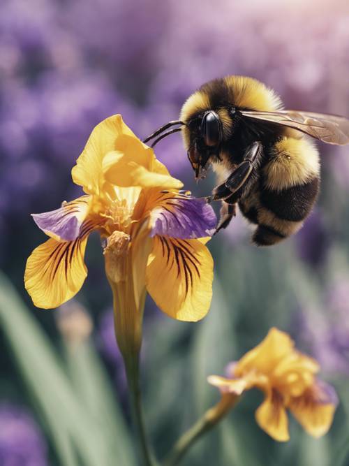 Una vista cercana de un abejorro recogiendo polen de un iris.