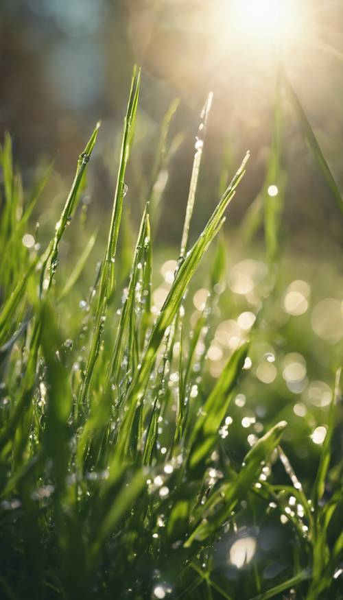 아침 햇살에 빛나는 이슬이 덮인 푸른 잔디의 클로즈업.