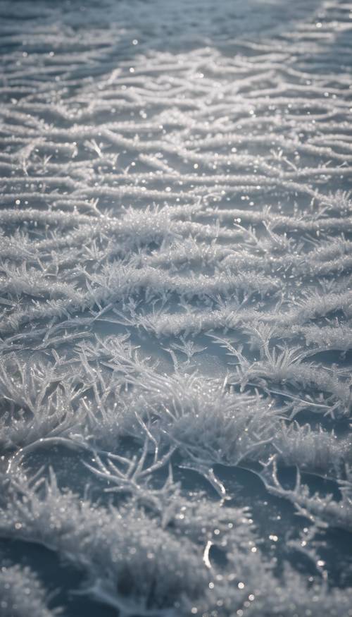 A frozen lake covered with intricate patterns of frost.