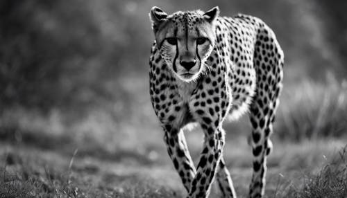 Gepard polujący w księżycową noc, z napiętymi mięśniami, przygotowany do pościgu, pięknie ukazany w czerni i bieli.