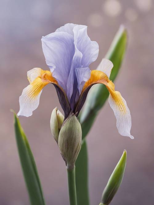 Sıkıca kapatılmış iris tomurcuğu açılıp güzelliğini ortaya çıkarmak için doğru anı bekliyor.