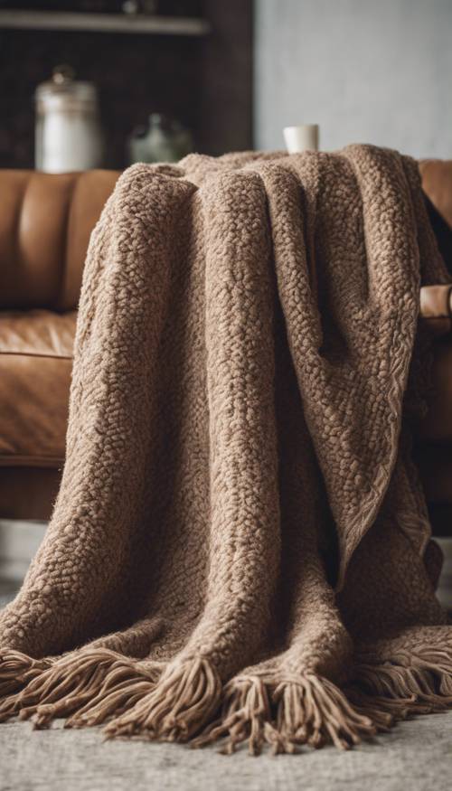 A brown textured woolen throw blanket, invitingly laid out on a neutral toned, vintage sofa.
