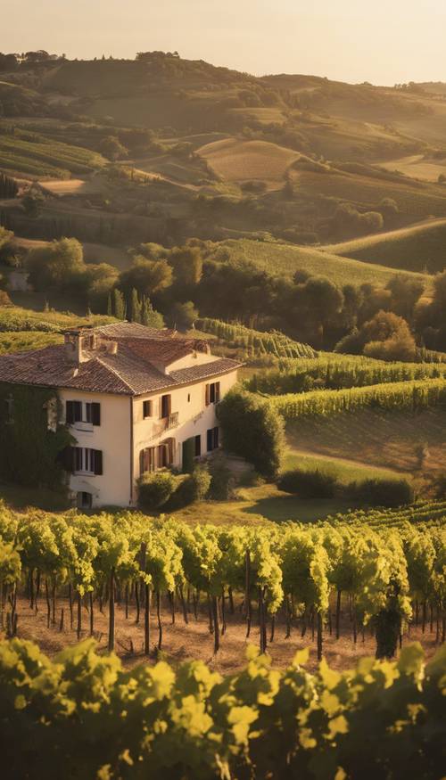 A vintage Italian villa overlooking a rolling, sun-kissed vineyard as the sun begins to set