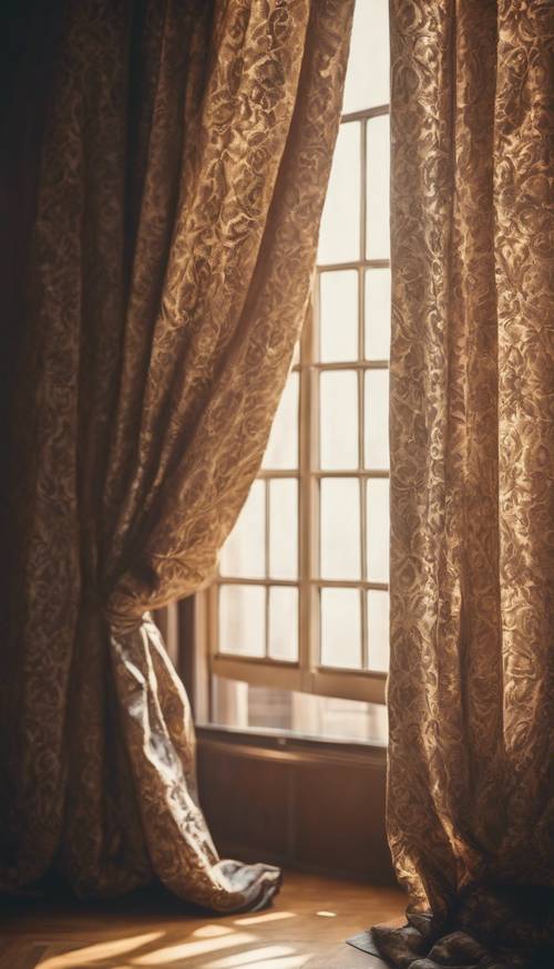 Cortinas de damasco vintage dobradas em um estilo elegante, lançando sombras em uma sala quente e mal iluminada.