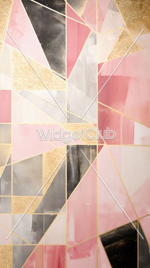 Formas geométricas en colores rosa y dorado.