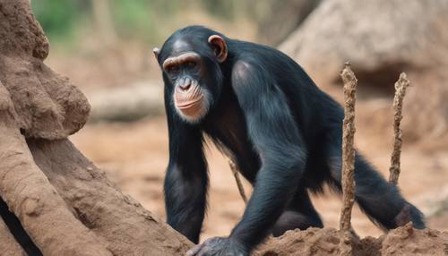 Un chimpancé usando un palo como herramienta para buscar termitas de un montículo de termitas. Fondo de pantalla [9e51fb6437234e97a5af]