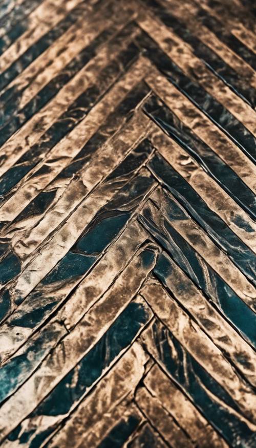 Un patrón de espiga de bronce envejecido lleno de pátina sobre un suelo art déco.