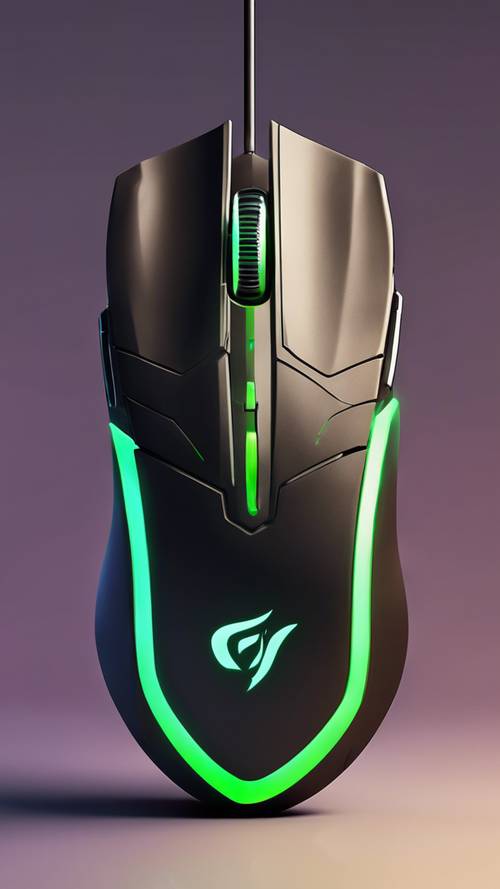 Um mouse para jogos verde neon brilhando no quarto escuro
