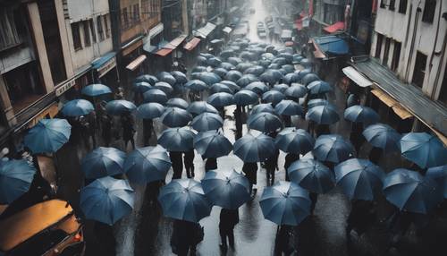 منظر من زاوية عالية لشارع حضري يظهر فيه أشخاص يحملون مظلات منقوشة باللون البحري في فترة ما بعد الظهيرة الممطرة.