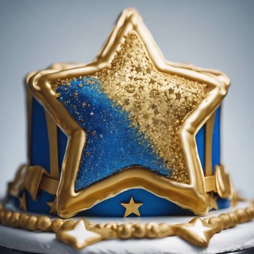 Una brillante torta di compleanno a forma di stella blu e oro.