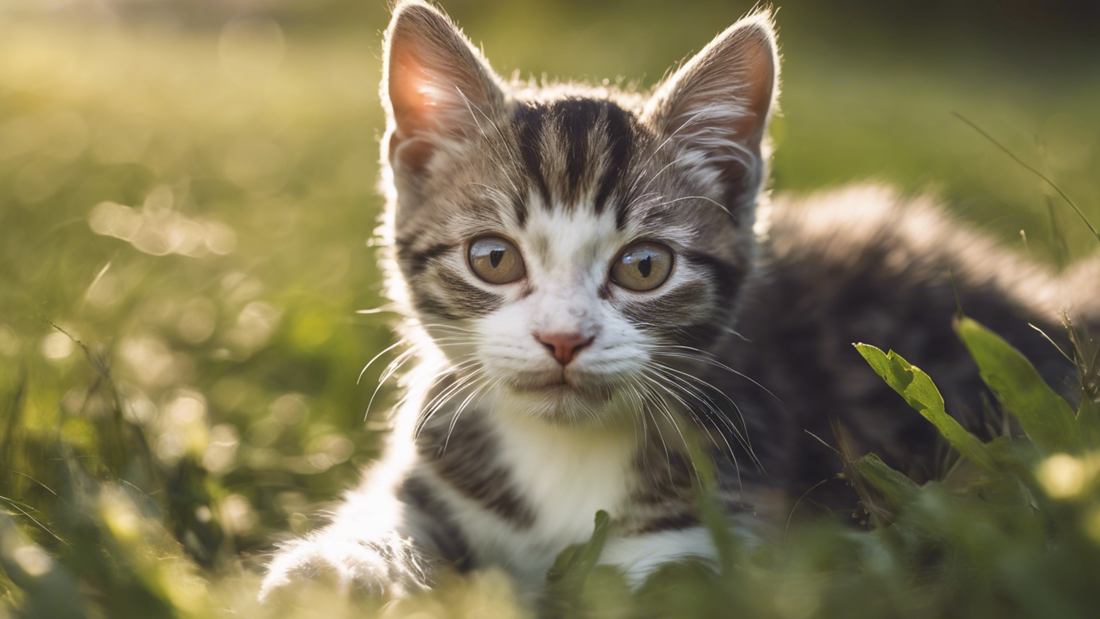 An American Wirehair kitten lazing around on a lush grassland, its wirehair coat glistening in the warm sunlight. Tapeta[18d7904395c0457790d6]