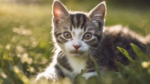 Ein American Wirehair-Kätzchen faulenzt auf einer üppigen Wiese, sein Rauhaarfell glänzt im warmen Sonnenlicht.