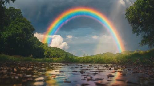 Un arc-en-ciel vibrant après une tempête avec « Je suis plein d&#39;émerveillement » tracé dans l&#39;arc de couleurs.