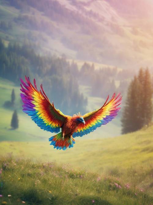 A rainbow-coloured phoenix in flight racing the wind over a misty alpine meadow.
