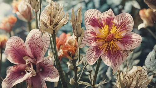 色鮮やかで詳細な珍しい花をフィーチャーしたアンティークな植物イラスト