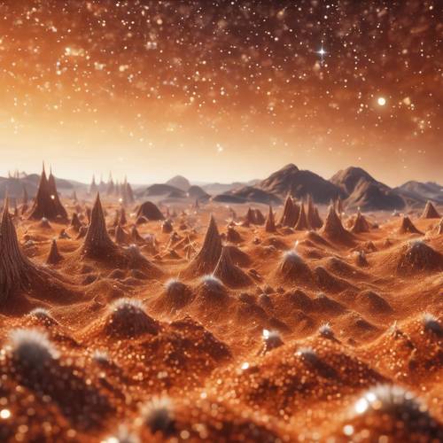 Pomarańczowy obcy krajobraz z kolczastymi, krystalicznymi formacjami pod niebem pełnym migoczących gwiazd.