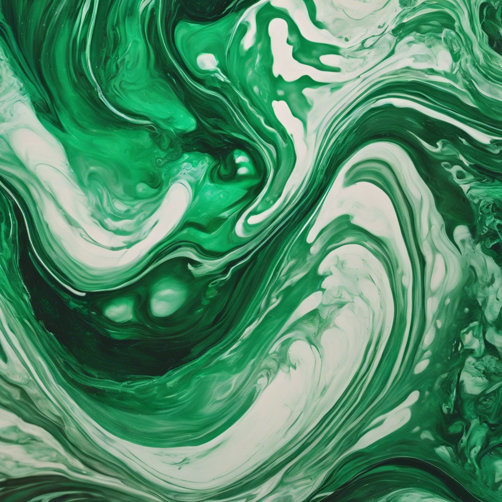 An abstract painting featuring swirling, fluid patterns with different tones of emerald green. Валлпапер[31c14d38ecf344c6a390]