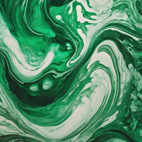 An abstract painting featuring swirling, fluid patterns with different tones of emerald green. Tapeta [31c14d38ecf344c6a390]
