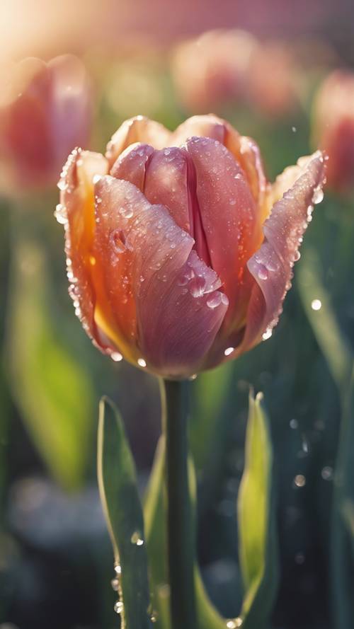 Zbliżenie na kwitnący tulipan, miękkie krople rosy przylegające do jego jasnych, żywych płatków w pierwszym świetle wiosennego poranka.