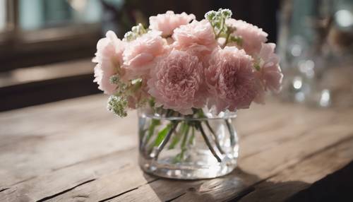 Gambar detail rangkaian bunga merah muda berwarna lembut dalam vas kristal di atas meja kayu pedesaan.