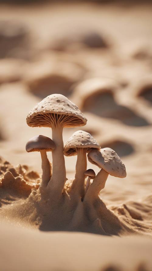 这是一幅超现实主义的画作，画中一群可爱的蘑菇从沙漠中蜿蜒的沙波中探出头来。