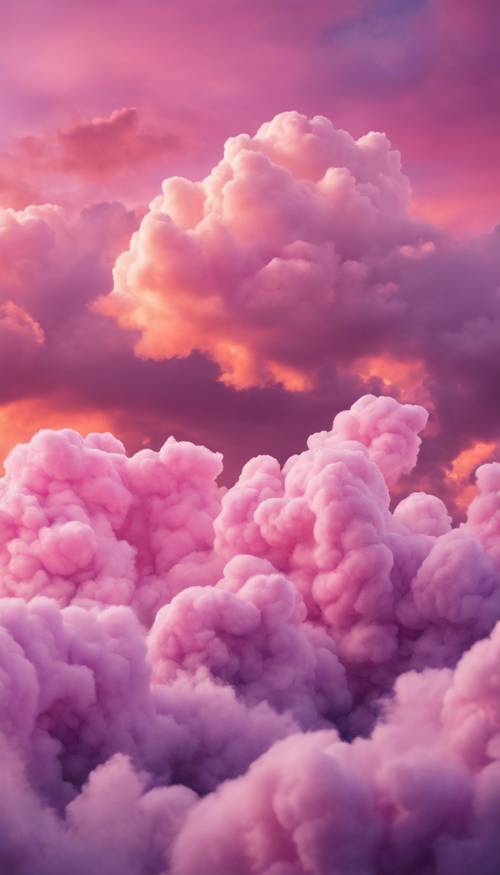 Un montón de esponjosas nubes de algodón de azúcar rosa y lavanda flotando en el cielo del atardecer.