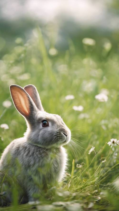 Một chú thỏ màu xanh nhạt dễ thương đang ngồi trên đồng cỏ vào mùa xuân.