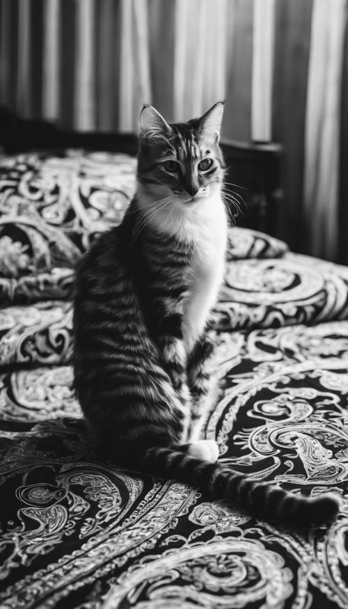 Un gato sentado sobre una lujosa ropa de cama de cachemira en blanco y negro.