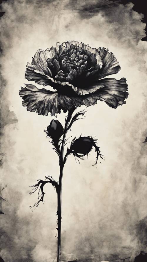 Artystyczne przedstawienie czarnego goździka, symbolizującego miłość i uczucie, na stylizowanym malowaniu tuszem.