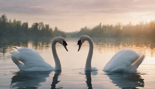 A pair of swans forming a heart shape on a serene lake. Tapet [74859380191f4d75af57]