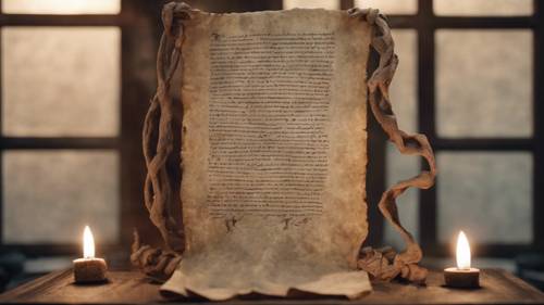 مخطوطة قديمة تحمل رونية غامضة، معروضة في الظل تحت الضوء الناعم من الكوة.