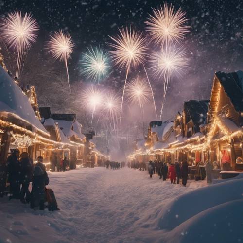 Bir kış festivali sırasında karla kaplı harikalar diyarında ışık gösterisi yaratan havai fişekler.