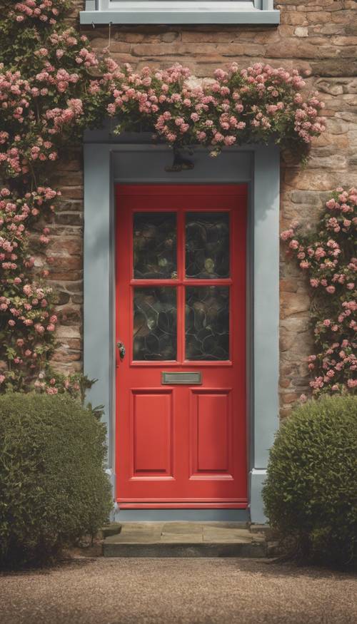 Una puerta de entrada de color rojo pastel de una pintoresca casa de campo inglesa.
