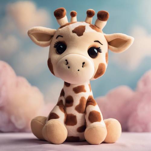 An adorable, cartoonish plushie-like giraffe sitting on a pastel-clouds background.