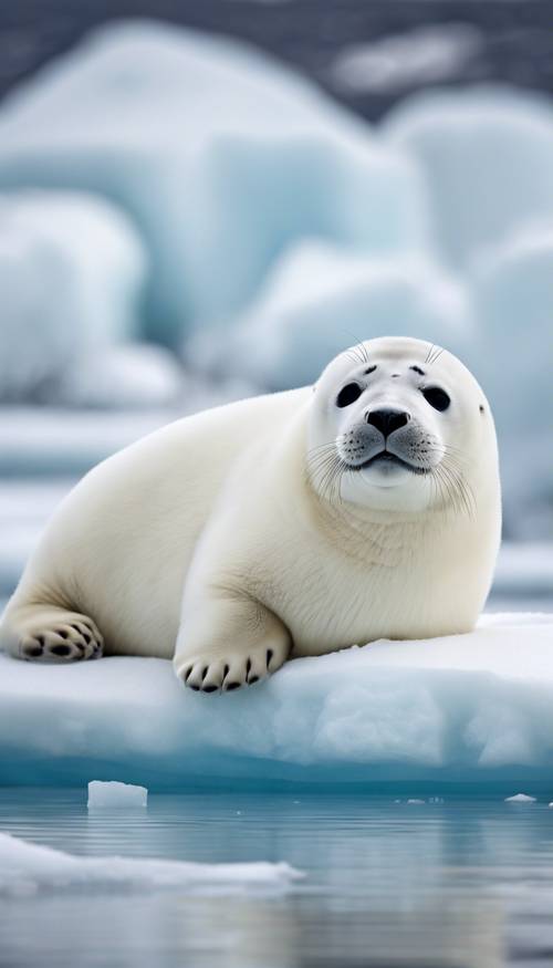 Детеныш гренландского тюленя с мягким белым мехом отдыхает на арктической льдине.