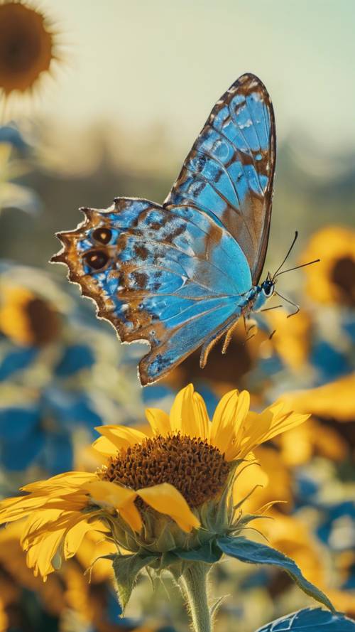 Ein blauer Schmetterling landet an einem sonnigen Tag auf einer leuchtend gelben Sonnenblume.