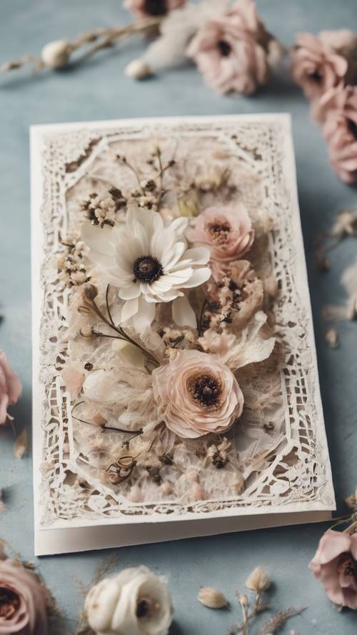 섬세한 레이스 종이와 말린 꽃으로 장식된 아름답고 화려한 수제 인사말 카드입니다.