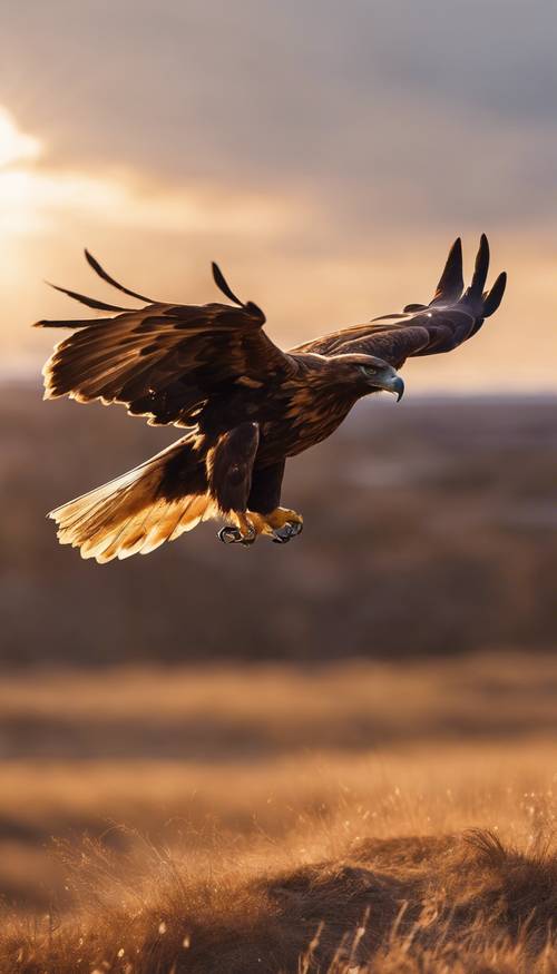 A golden eagle flying majestically against the backdrop of a setting sun.