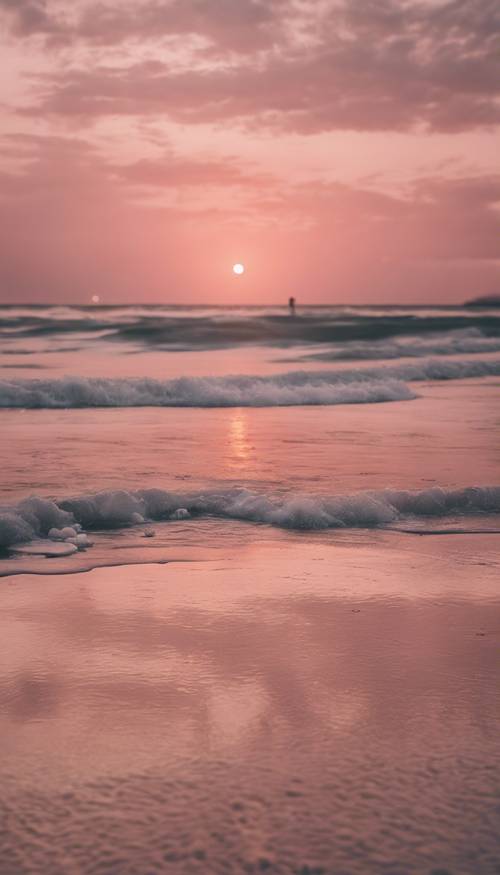平静的中性色调海滩上，美丽的粉红色日落。