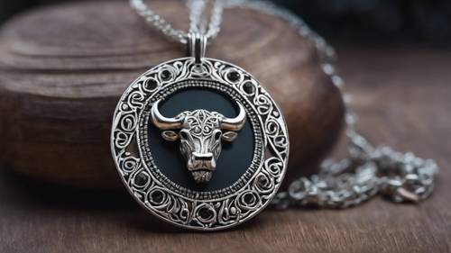 Liontin simbol Taurus yang penuh hiasan tergantung dari kalung perak yang dibuat dengan indah, diletakkan di atas meja kayu ek gelap.