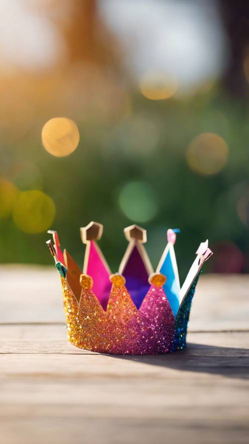 A child's paper crown with colorful glitter glues adorned, drying in the sun.