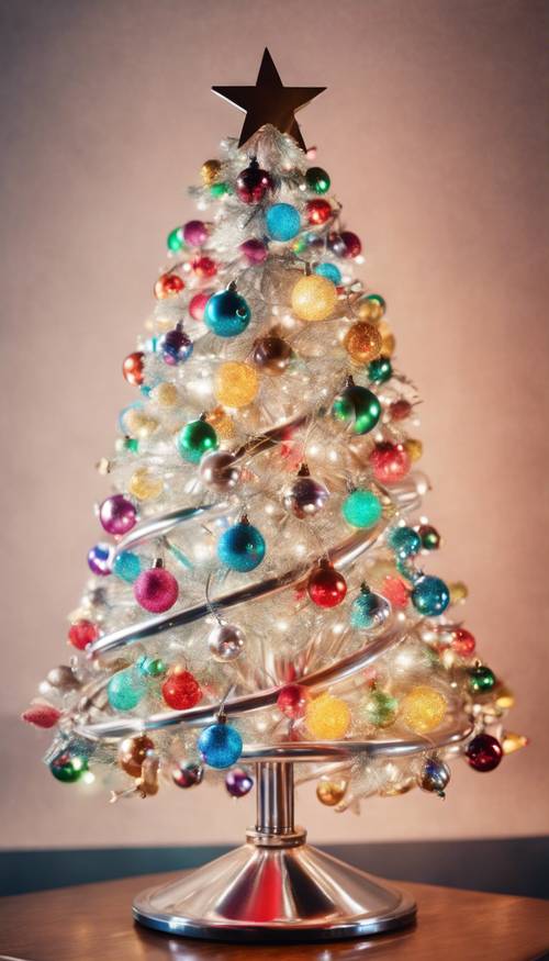 A mid-century aluminum Christmas tree, lit by a spinning color wheel and adorned with starburst ornaments.