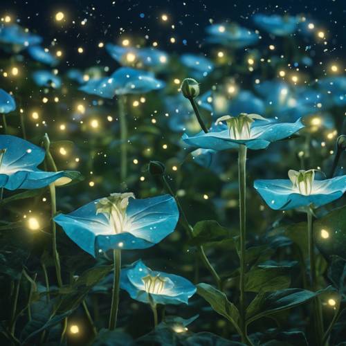 A whimsical night scene featuring sky-blue moonflowers surrounded by glowing green fireflies.
