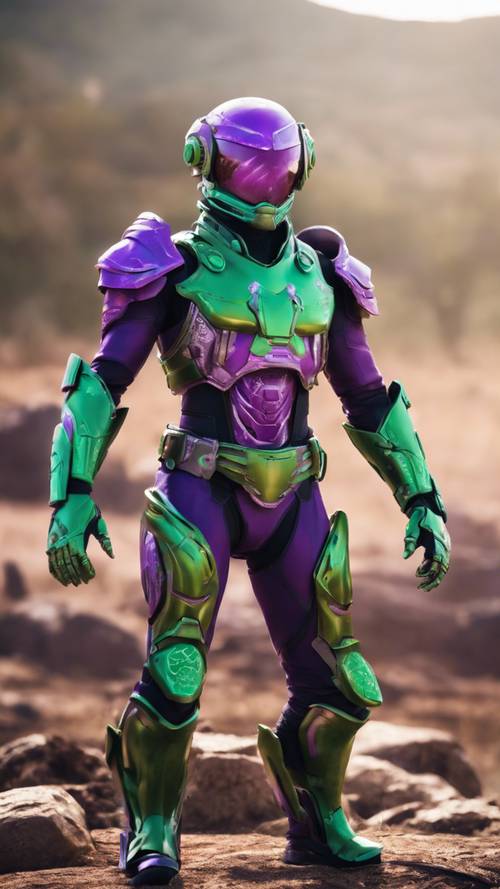 一个身穿绿色和紫色盔甲的未来游戏形象，在战场上胜利站立。