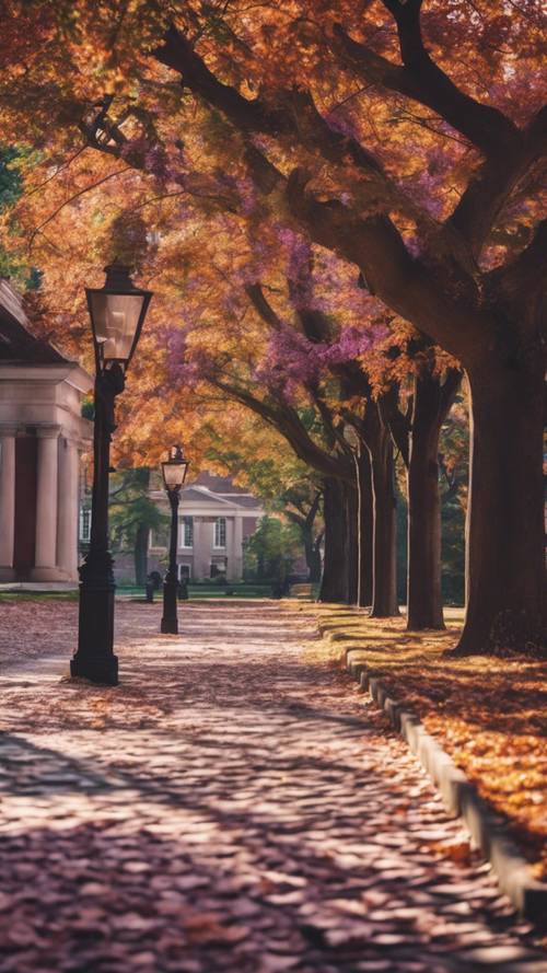 Um campus universitário tradicional e formal no outono, onde a hera que corre ao longo dos edifícios de pedra tem um tom impressionante de roxo.