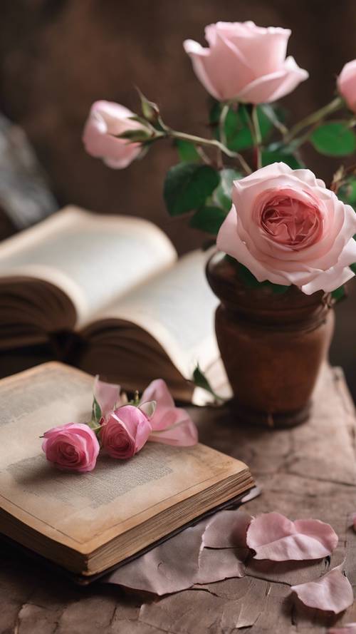 Un vieux livre en cuir marron sur une table, avec un pot de roses roses à côté.