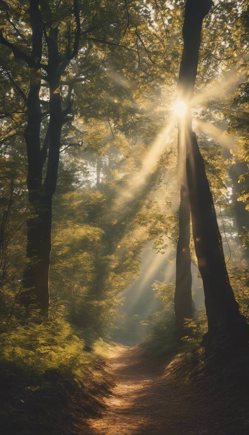 Kanopi hutan pondok di kala fajar dengan sinar matahari keemasan menyinari celah-celah, menerangi jalan setapak di bawahnya. Wallpaper [883fffbbf84d4ca6a9e4]