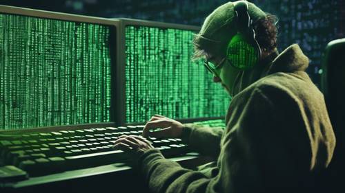 Un hacker de la vieja escuela escribiendo rápidamente en un teclado antiguo, rodeado de pantallas de código en tonos verdes.