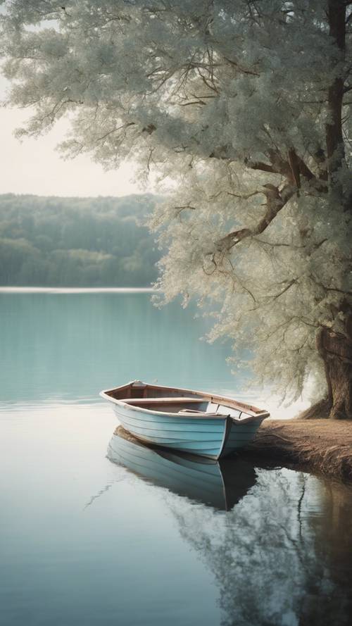 סצנה אידילית הכוללת סירת משוטים בצבע כחול פסטל שעגנה באגם שליו.