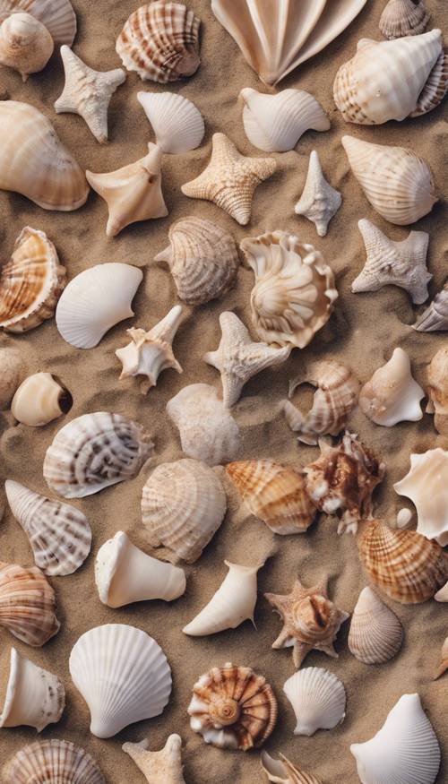Uma coleção de conchas marrons pastel em uma praia arenosa